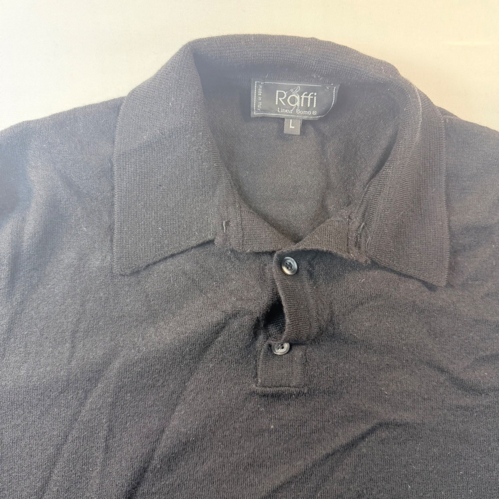 Raffi Made In Italy 100% Wool Knit Polo Sweater Black Mens Large Luxury